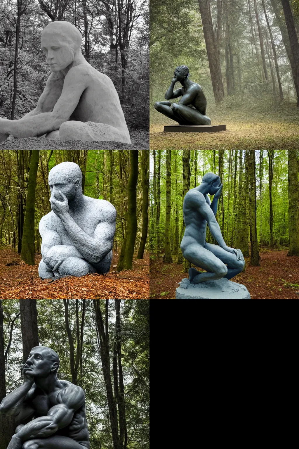 Prompt: the thinker sculpture as a dust cloud in a forest