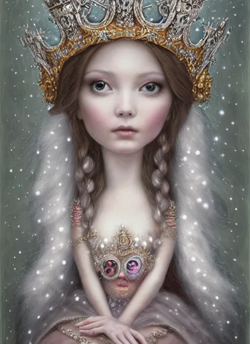 Prompt: highly detailed closeup portrait of a snow, ice princess wearing a crown and sitting on a throne, nicoletta ceccoli, mark ryden, lostfish, earl nore, global illumination, god rays, detailed and intricate environment