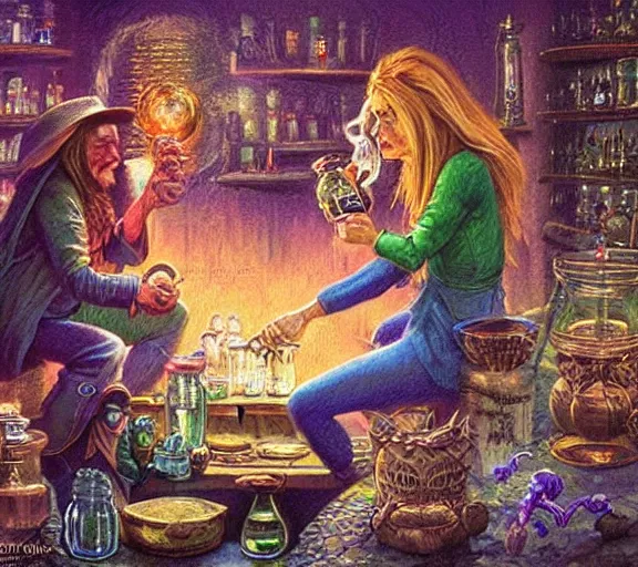 Image similar to A richly detailed fantasy digital art of an ancient vintage apothecary magic arcane nebula healing elixir potion bottle trading card an esoteric blender render by Bob Eggleton, two jolly wizards enthusiastically drinking and imbibing magic potions