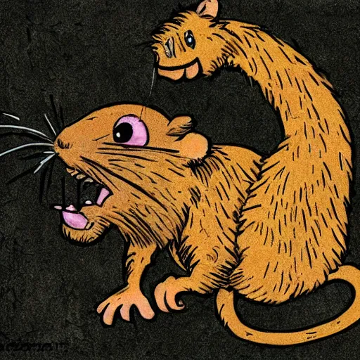 Prompt: A frightened rat escaping a raging monster.