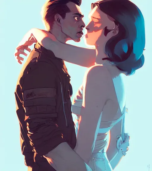 Image similar to portrait of bucky kissing natasha by atey ghailan, by greg rutkowski, by greg tocchini, by james gilleard, by joe fenton, by kaethe butcher, dynamic lighting, gradient light blue, brown, blonde cream and white color scheme, grunge aesthetic