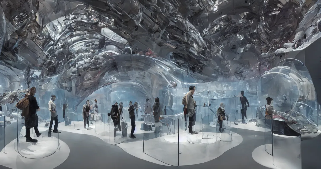 Prompt: futuristic exhibition full of diorama exhibits, pickled organs, curious people observing the details in glass cases, very high details, volumetric fog, raytracing, back light, raymarching, by ilm, by digital domain, by weta digital