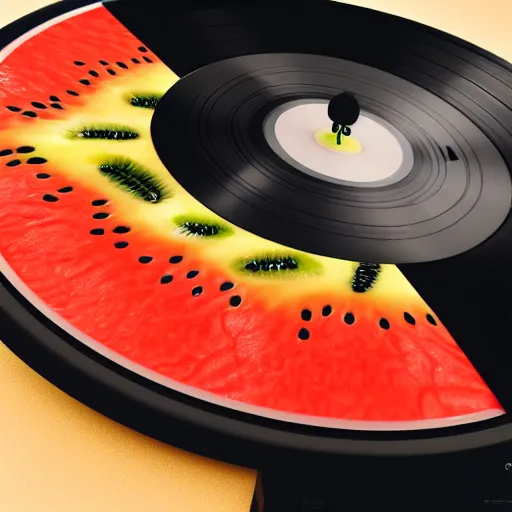 Prompt: vinyl turntable vinyl record in shape of huge round kiwi fruit, 4 k, unreal render, blender guru