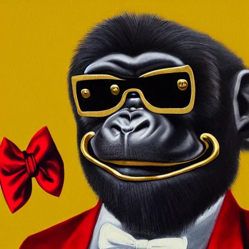 Image similar to a ukiyo style painting of a gorilla wearing a gold chain and wearing shades and wearing a nice black tuxedo wearing a red bow tie, highly detailed, 8 k, concept art,