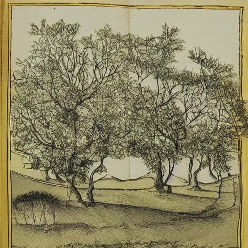 Prompt: A beautiful illustration depicting a farm scene. The illustration shows a view of an orchard with trees in bloom. ink drawing, illuminated codex gilded by Paul Barson cosy