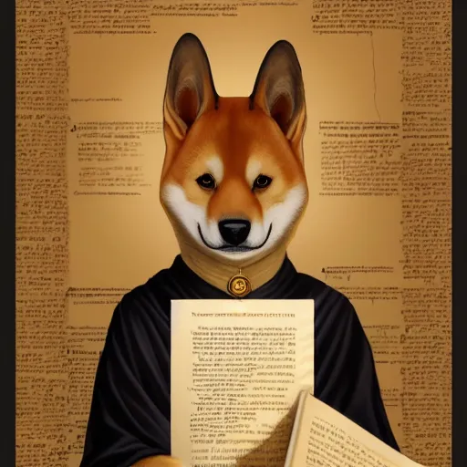 Prompt: lotus pose, anthropomorphic shiba inu, wearing for man ukrainian traditional black vyshyvanka clothes, reading book, portrait art by donato giancola and greg rutkowski, realistic face, digital art, trending on artstation, symmetry