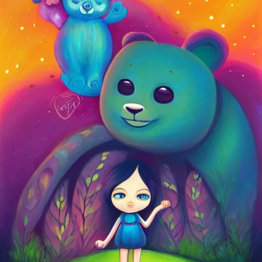 Image similar to a painting of a little girl and a bear, a storybook illustration by Jeremiah Ketner, deviantart contest winner, fantasy art, storybook illustration, digital illustration, deviantart hd