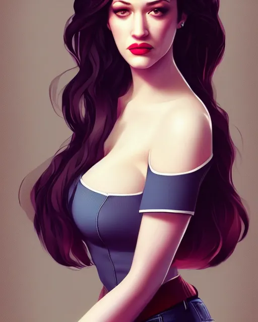 Image similar to kat dennings christina hendricks jennifer tilly, wearing jeans, by wlop and ilya kuvshinov and artgerm, gorgeous, stunning, alluring, artstation, deviantart, digital art