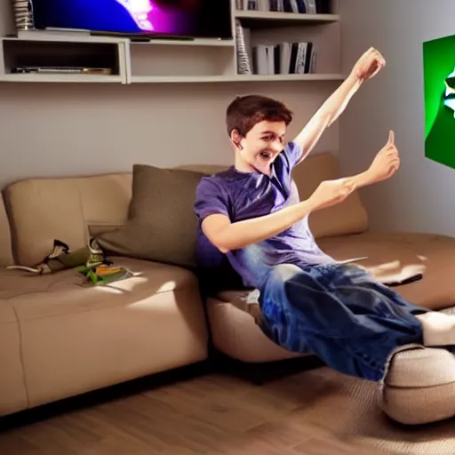 Image similar to a young man with brown hair reads a message on his TV and is super happy, and dancing on the ceiling, because he gets free Xbox game upgrades on his computer, realistic photo