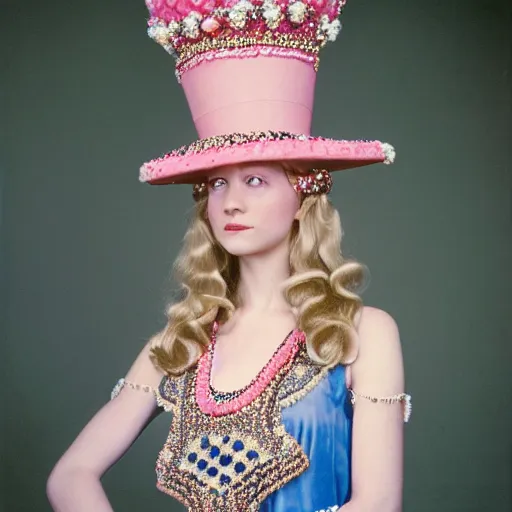 Image similar to a princess with long blonde hair and blue eyes wearing a sleeveless elaborately beaded pink dress and a cone shaped hat, high resolution film still, film by Simon Langton and David Frankel