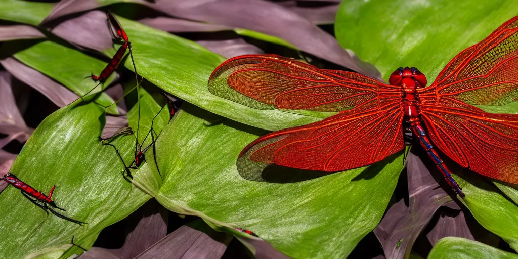 Prompt: a hyperrealistic cyborg red dragonfly with glowing neon electronics rests on a hosta leaf, UHD, 8K HDR, boken, dof, nature photograph