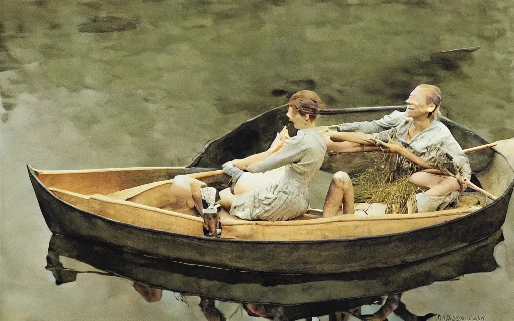 Image similar to “ a girl sitting in canoe on a river drinking beer, by andrew wyeth ”