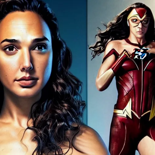 Prompt: an potrait of gal gadot cast of the flash, and wearing a flash suit, photorealistic, high detail, full body shot.