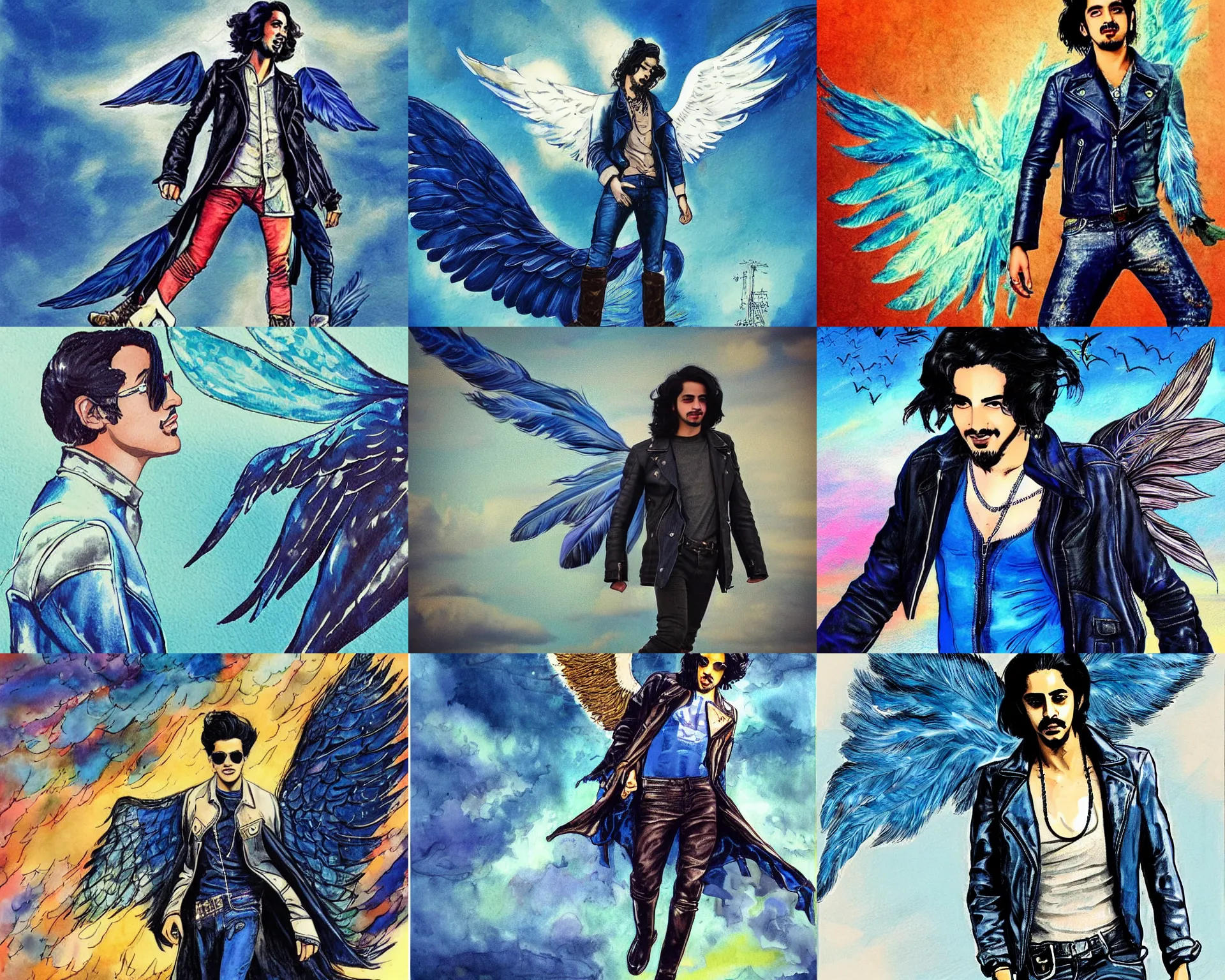 Prompt: angel avan jogia with blue-indigo-feather wings. Leather jacket, boots and jeans. Flying in a stormy sky. Distant full body shot. Artwork by Will Eisner