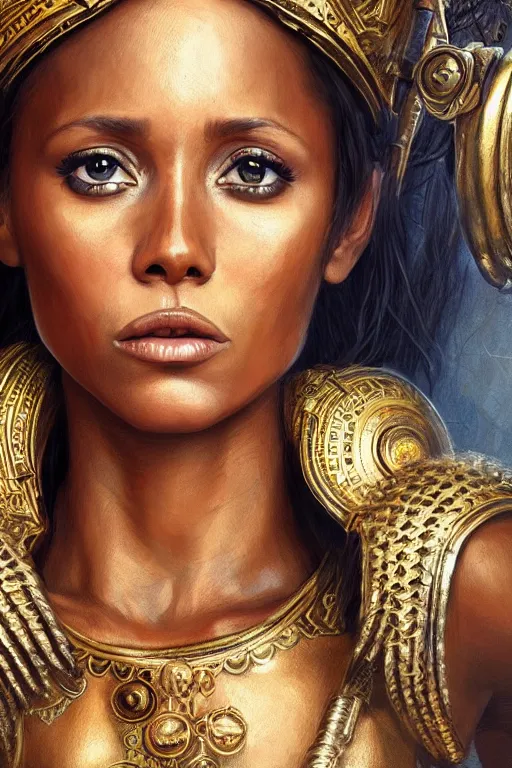 Image similar to melanie brown ( spice girls ) as greek goddess athena, hyper realistic face, beautiful eyes, fantasy art, in the style of greg rutkowski, intricate, hyper detailed, smooth