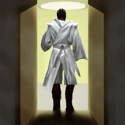 Prompt: thunder man, white robe, hallway, artstation