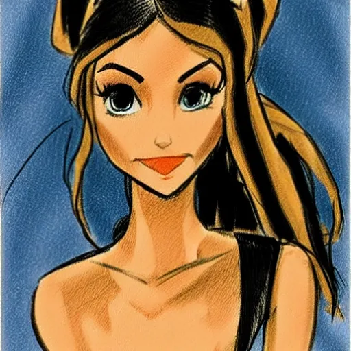 Image similar to milt kahl sketch of victoria justice with done up hair, tendrils covering face and ponytail as princess padme from star wars episode 3