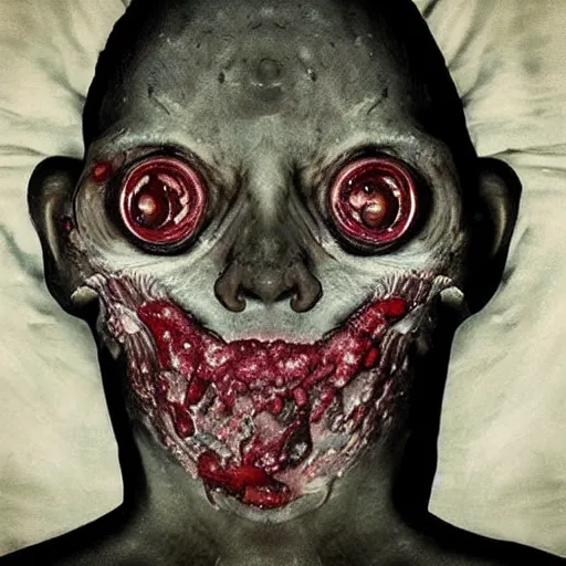 Image similar to “ an abomination creation, skin and vein covered pustule protrusions of decay and rot, oil covered red eyeballs glisten in the dark moody atmosphere, award winning digital art ”