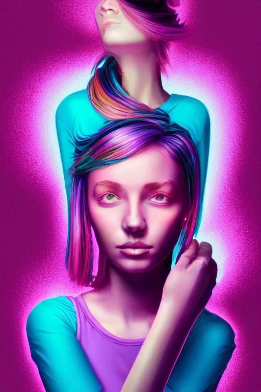 Image similar to a award winning half body portrait of a beautiful woman in a croptop and cargo pants with ombre purple pink teal hairstyle and hands in pockets by thomas danthony, surrounded by whirling illuminated lines, outrun, vaporware, shaded flat illustration, digital art, trending on artstation, highly detailed, fine detail, intricate