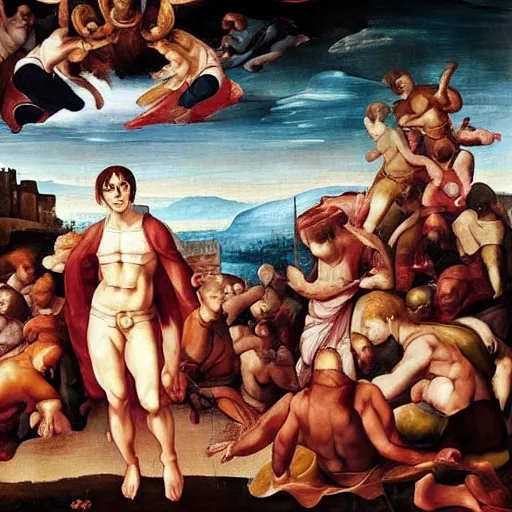 Prompt: a renaissance painting of eren jaeger in a biblical hellscape surrounded by unrealized french fantasy architecture