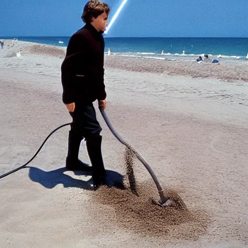 Prompt: “Anakin Skywalker vacuuming the beach to remove sand”