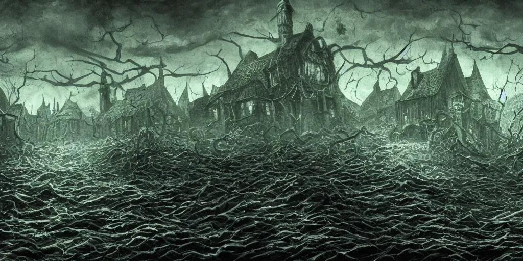 Image similar to desktop background inspired in H P Lovecraft novels, highly detailed, realistic, fantastic