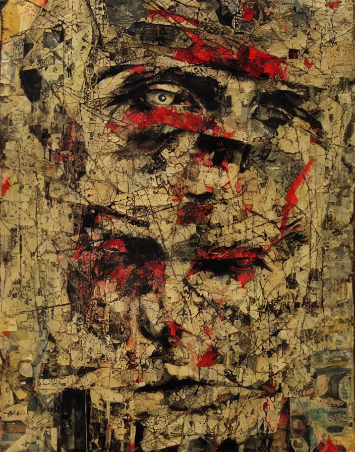 Prompt: vicious sight detailed and highly reliefed analogue mixed media collage with canvas texture in style of conteporary art, dada 20s, photorealistic, expressionism, masterpiece, perfect composition, realistic beautiful shady face, spectacular quality, intricate oil details