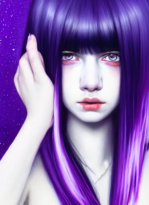 Image similar to hair whitebangs hair, black hair, whitebangs, portrait of teenage girl with white bangs, red irises, purple clothes, white bangs, bangs are different color from hair, intricate, elegant, glowing lights, highly detailed, digital painting, artstation, concept art, smooth, sharp focus, illustration, art by wlop, mars ravelo and greg rutkowski