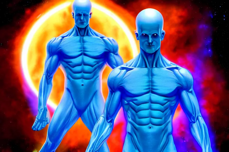 Image similar to dr Manhattan many armed creator destroyer god controls every atom in the galaxy, selective color effect, cinematic, wide angle cinematography, yin Yang, 8k wallpaper