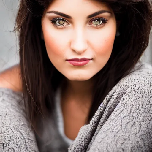 Prompt: portrait photo of a charismatic beautiful brunette female looking into the camera, indoors, f 1. 4, golden ratio, rim light, top light, overcast day