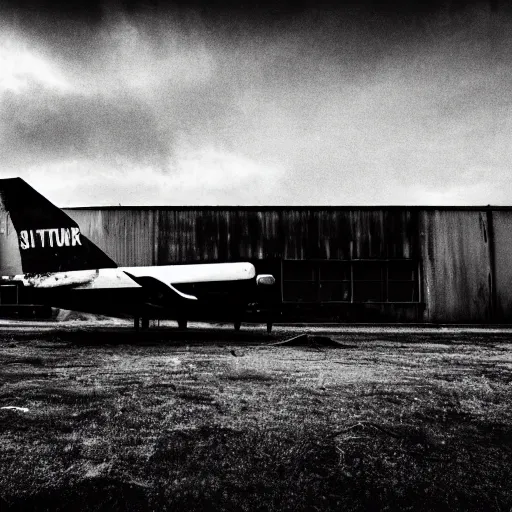 Image similar to black and white press photograph of a rusted abandoned business jet airplane, full view, detailed, natural light, mist, film grain, soft vignette, sigma 5 0 mm f / 1. 4 1 / 1 0 sec shutter, imax 7 0 mm footage