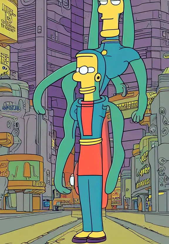 Image similar to portrait of a character from the show futurama in a sci - fi city, looking at camera, extremely detailed, illustration, art by matt groening, futurama animation artstyle