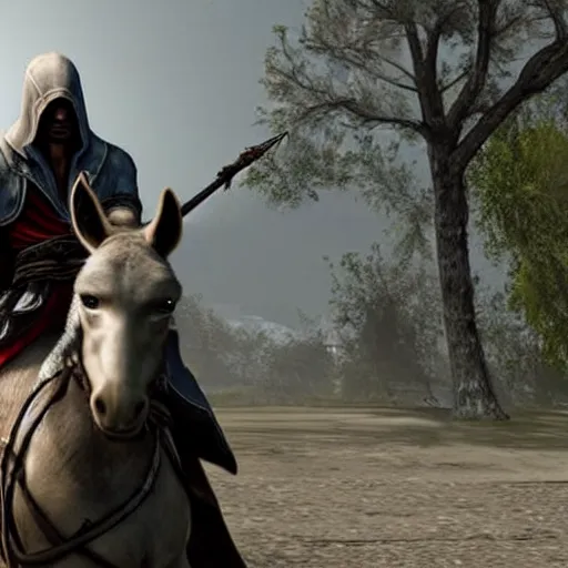 Prompt: photograph of Assassin’s Creed ezio riding a donkey