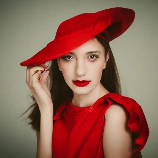 Image similar to fine art portrait photography half - length portrait of stunning girl in a red hat and black dress, kodak portra 4 0 0, 8 k, soft light, volumetric lighting, highly detailed,,