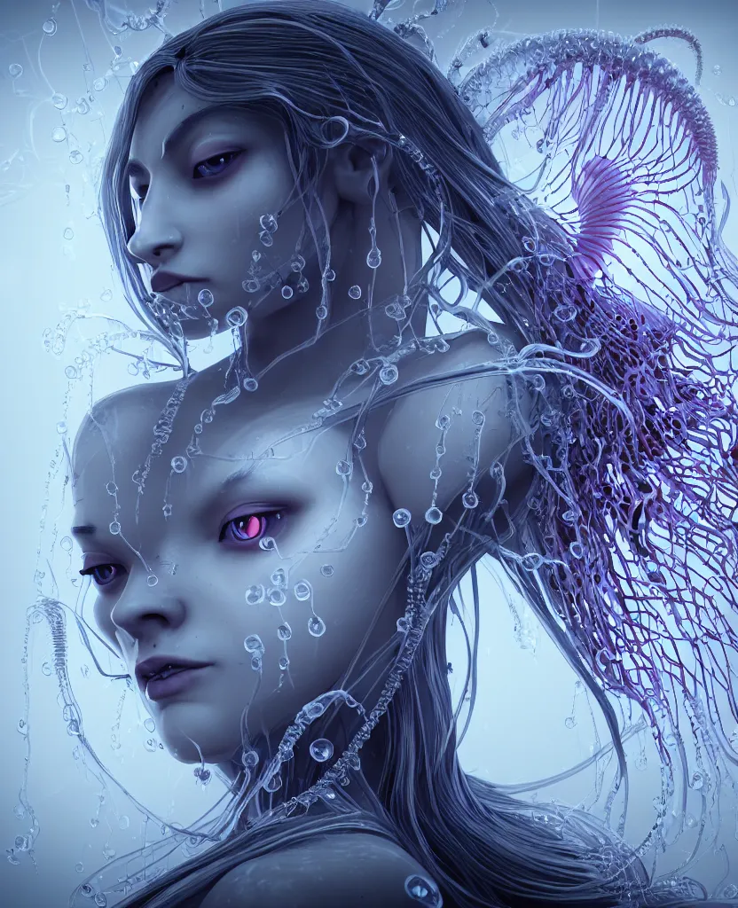 Image similar to close-up portrait of the face of a beautiful gloomy gothic princess, epic angle and pose, symmetrical artwork, 3d with depth of field, blurred background, cybernetic jellyfish female face skull phoenix bird, translucent, nautilus, energy flows of water and fire. a highly detailed epic cinematic concept art CG render. made in Maya, Blender and Photoshop, octane render, excellent composition, cinematic dystopian brutalist atmosphere, dynamic dramatic cinematic lighting, aesthetic, very inspirational, arthouse. y Greg Rutkowski, Ilya Kuvshinov, WLOP, Stanley Artgerm Lau, Ruan Jia and Fenghua Zhong