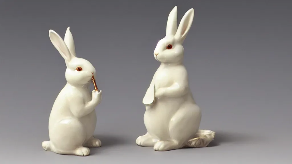 Image similar to a porcelain rabbit statue with a japanese kiseru pipe painted by john singer sargent