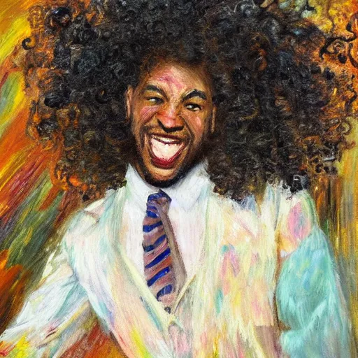 Prompt: black man with curly hair dancing inside a equipped photography studio by himself, intricate details, happy, impressionist painting, figurative painting