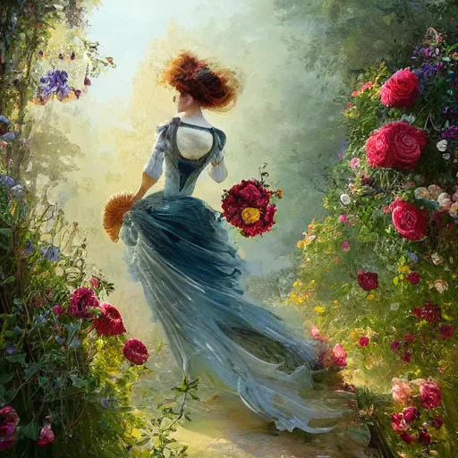 Image similar to portrait of a victorian woman running up a hill of exotic flowers, giant mushrooms, and roses, from behind, streets, birds in the sky, sunlight and rays of light shining through trees, tall buildings on the sides, beautiful, solarpunk!!!, highly detailed, digital painting by Michael Garmash and Peter Mohrbacher