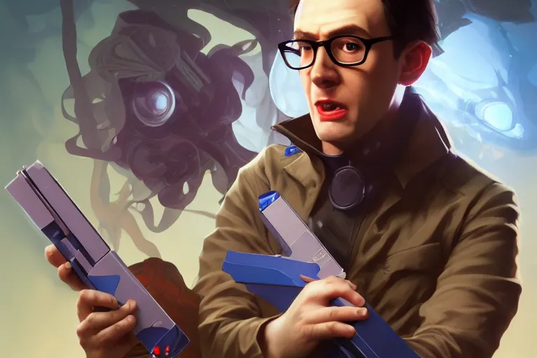 Prompt: portrait of the angry video game nerd, holding nes zapper, detailed fantasy face, rule of thirds, league of legends splash art, path traced, enigmatic lighting, beige gradient, shinji aramaki, karol bak, alphonse mucha, colin searle, artstation, ray tracing, octane unreal engine 5, digital painting