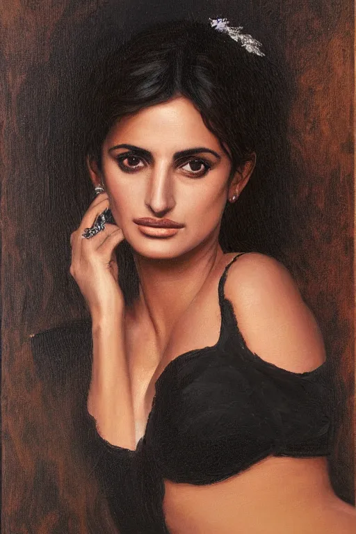 Image similar to oil painting, portrait of penelope cruz, artwork by edward robert hughes