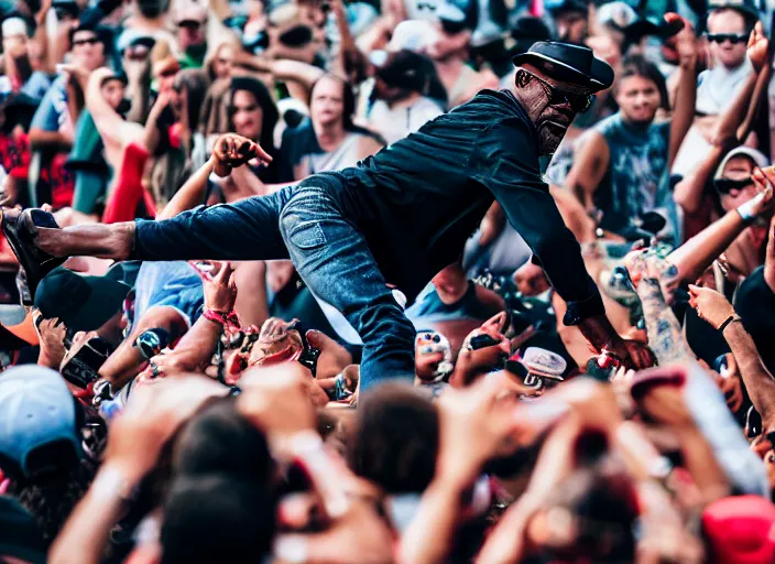 Image similar to photo still of samuel l jackson on stage at vans warped tour!!!!!!!! at age 3 3 years old 3 3 years of age!!!!!!!! stage diving into the crowd, 8 k, 8 5 mm f 1. 8, studio lighting, rim light, right side key light