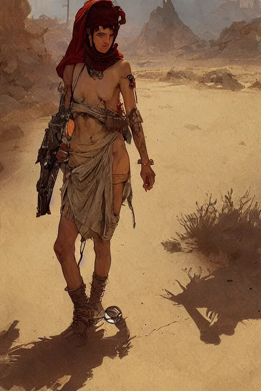 Image similar to a full body portrait of a beautiful post apocalyptic offworld desert bedouin blind barbarian leper laying by the roadside, intricate, elegant, highly detailed, digital painting, artstation, concept art, smooth, sharp focus, illustration, art by krenz cushart and artem demura and alphonse mucha