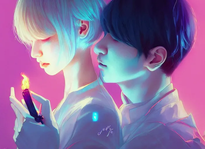 Prompt: harmony of butterfly, mute, neon light language, neon music notes, piano tiles ( black haired yoongi holding a lighter & blonde jimin crying heavy watery tears holding yoongi's shoulder ) by wlop, james jean, victo ngai, beautifully lit, muted colors, highly detailed, fantasy art by craig mullins, thomas kinkade