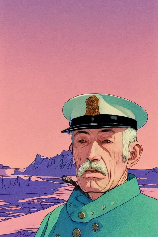Image similar to a closeup portrait of an old policeman taking mind altering drugs, a blotter paper of lsd acid and dreaming psychedelic hallucinations in the vast icy landscape of antarctica, by kawase hasui, moebius, edward hopper, colorful flat surreal design, hd, 8 k, artstation