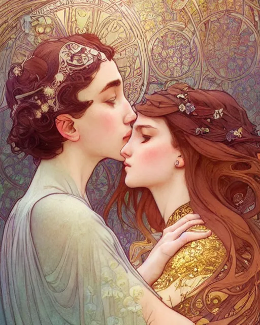 Image similar to the kiss | highly detailed | very intricate | art nouveau | gold filigree | romantic storybook fantasy | soft cinematic lighting | award - winning | disney watercolor illustration by mandy jurgens and alphonse mucha and alena aenami | pastel color palette | featured on artstation