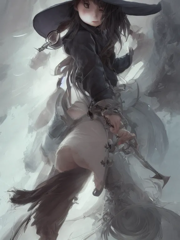 Image similar to Full shot Line art drawing of a cute mischievous young witch about to get up to some trouble. By Ruan Jia and Artgerm and Range Murata and WLOP and CLAMP and Loish. Concept Art. Fantasy Illustration. award winning, Artstation, intricate details, Hyperdetailed, 8k resolution.