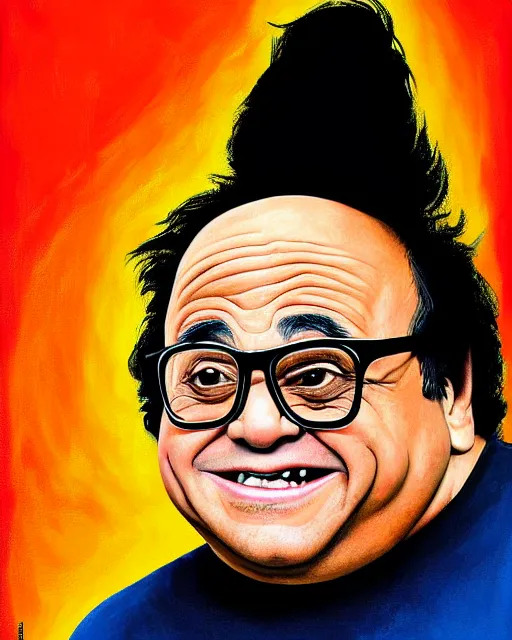 Image similar to painting portrait of danny devito as a ham, cartoon, warm lighting, danny devito has a ham body, danny devito's face on a ham. movie poster, illustration by bartek fedyczak, erak note, tooth wu, neil richards, kan liu, siwoo kim, jisu choe, trending on art station