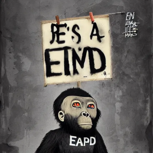 Image similar to an ape holding a sign that says the end is near in the style of banksy, an ultrafine detailed painting by james jean, behance contest winner