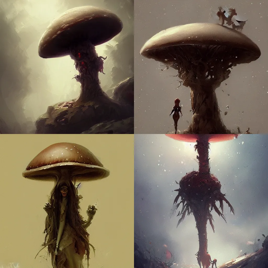 Prompt: humanoid mushroom. Dark fantasy art by Greg rutkowski. Trending on artstation