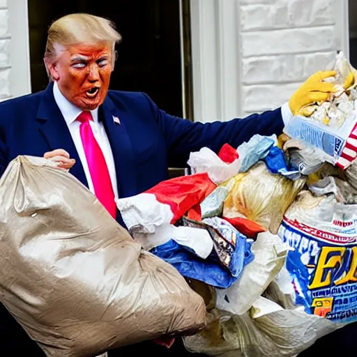 Image similar to donald trump shoving a literal ton of garbage into his stupid fat mouth